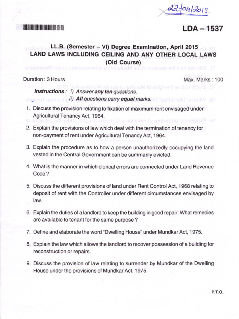 Land Laws and Tenancy Provisions Exam Guide | PDF | Leasehold Estate ...