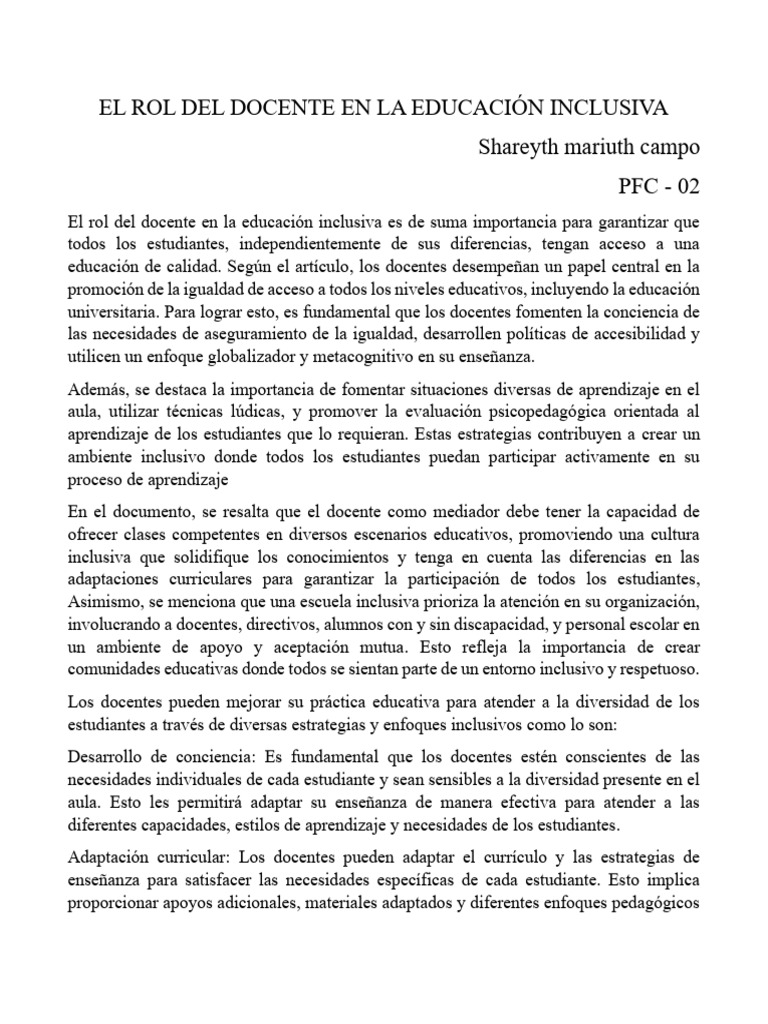 El Rol Del Docente en La Educación Inclusiva | PDF | Enseñando ...