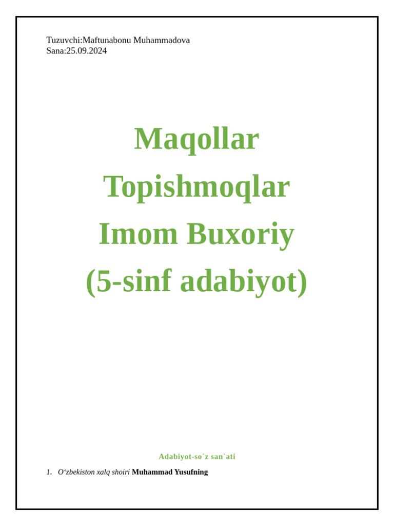 adabiyot 5-sinf Maqollar,topishmoqlar,imom Buxoriy | PDF