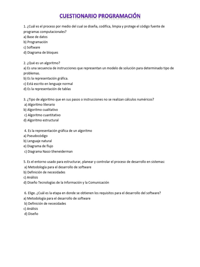 Cuestionario Programaciom Pdf Programación De Computadoras Algoritmos