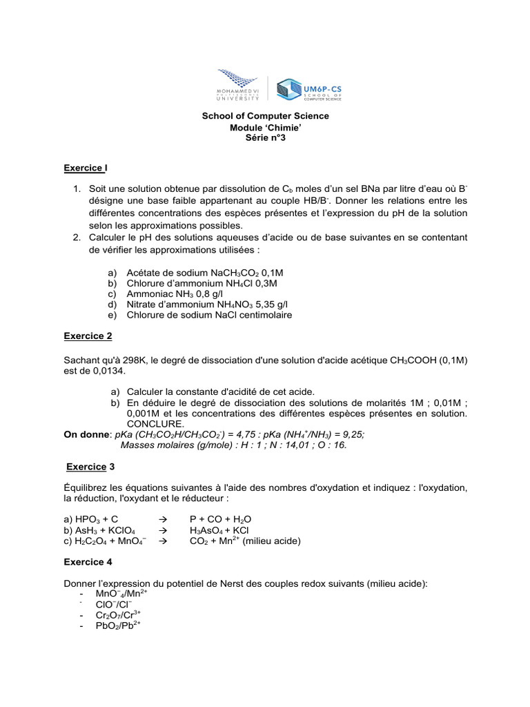 Exercices de chimie sur les solutions et redox | PDF | Ammonium ...