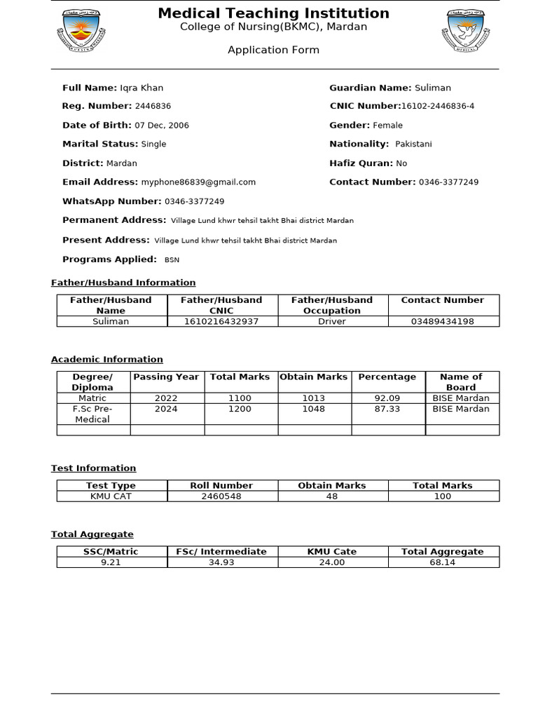 Nursing Application Form for BKMC | PDF | Nursing | Health Care