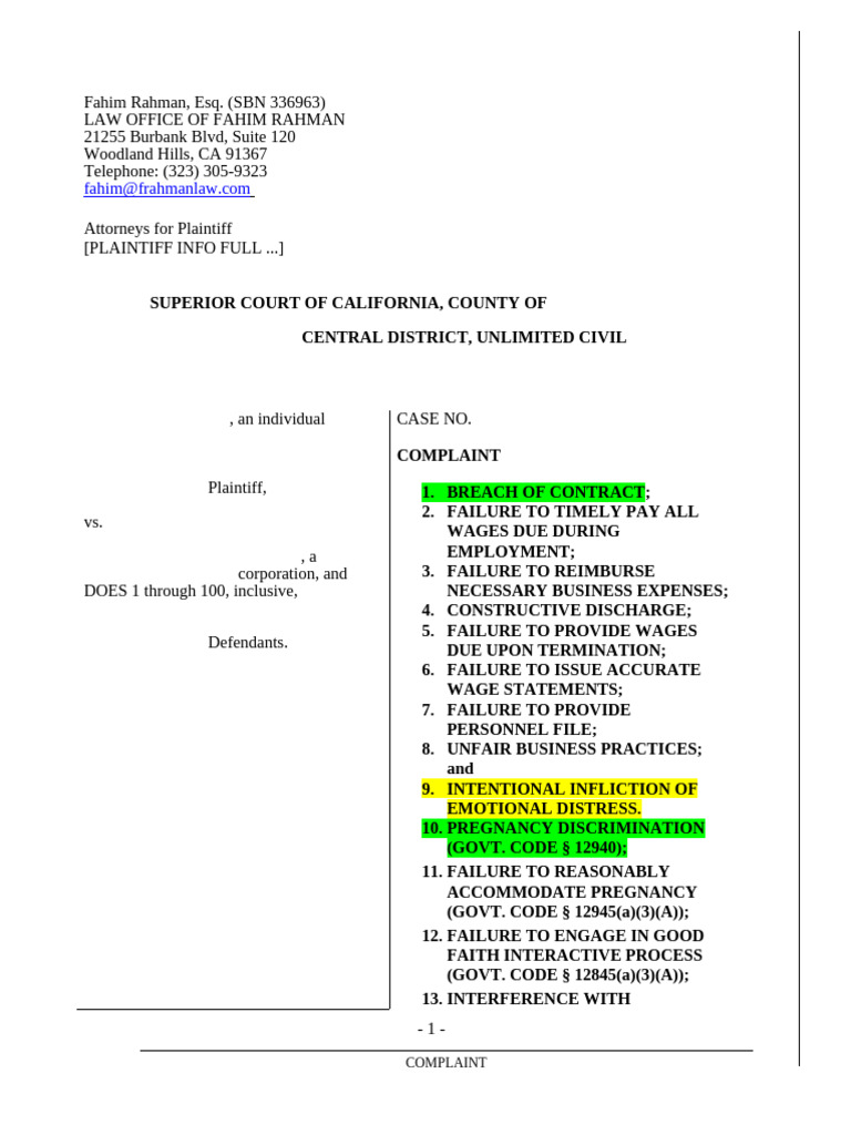 California Employment Law Complaint | PDF | Damages | Employment