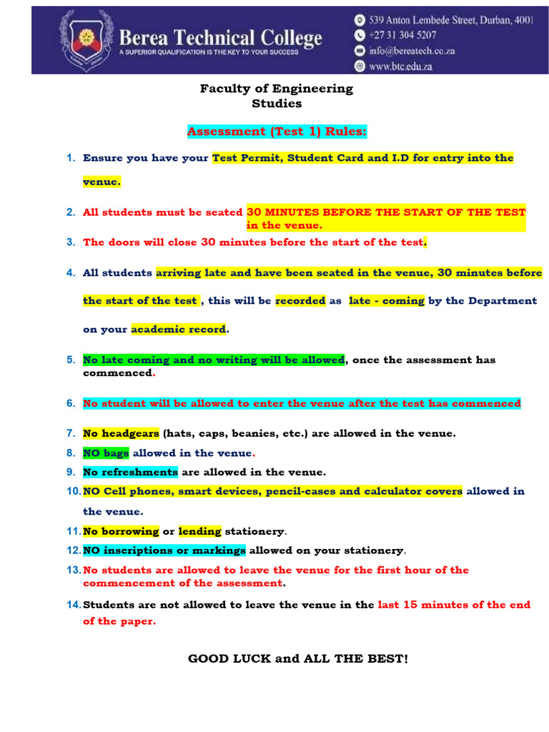 Engineering Test 1 Assessment Rules | PDF