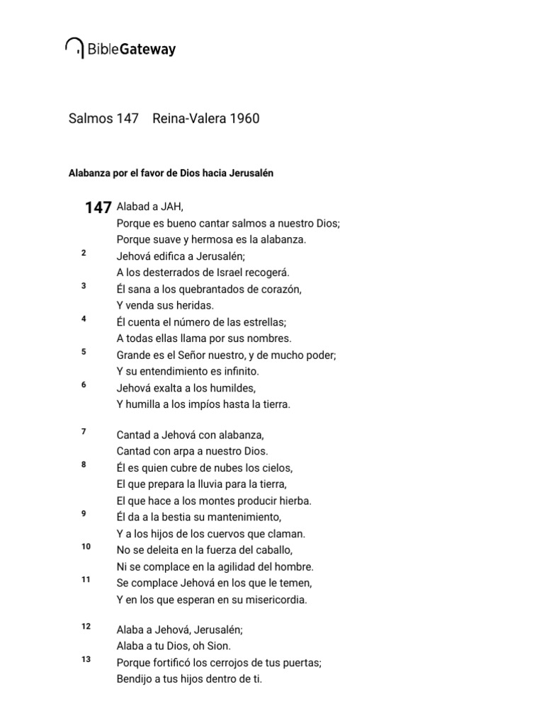 Salmos 147 RVR1960 - Alabanza Por El Favor De Dios | PDF | Salmos