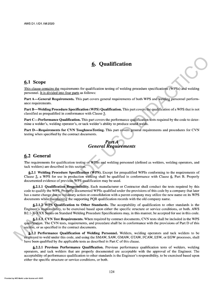 008 AWS D1.1-D1.1M-2020 Clause 6 Qualification of WPSs | PDF
