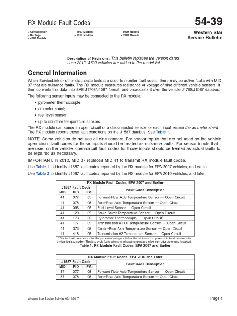 RX Module Fault Codes for Western Star | PDF | Thermocouple ...