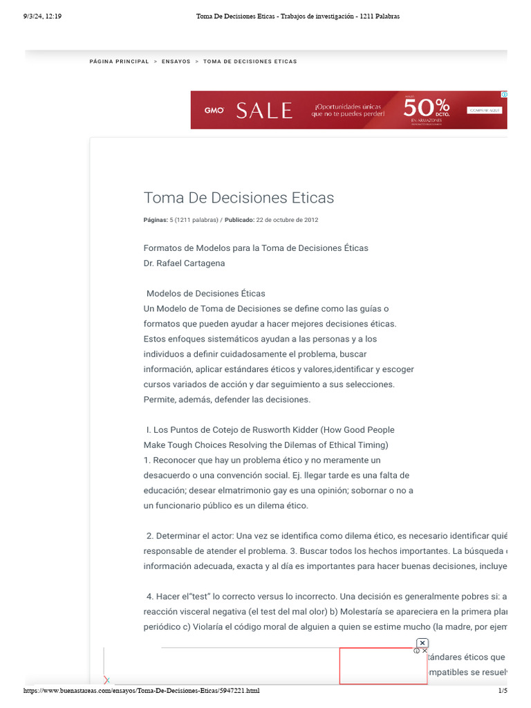 Modelos para la Toma de Decisiones Éticas | PDF | Toma de decisiones ...