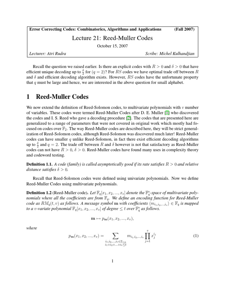 Reed-Muller Codes Explained | PDF | Abstract Algebra | Mathematical Objects