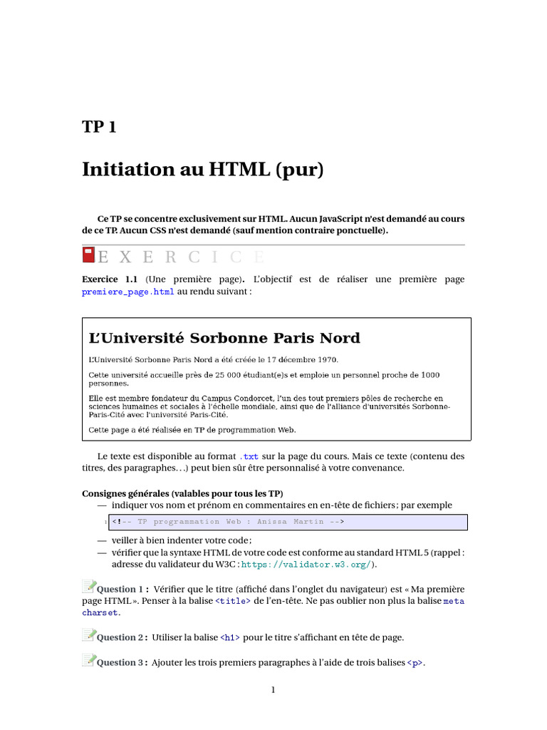 Initiation au HTML : TP 1 W3C | PDF | Html | Programmation web