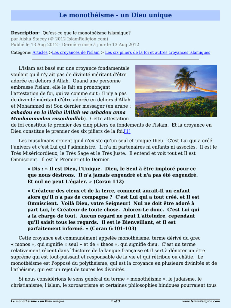 Monothéisme : Un Dieu Unique en Islam | PDF | Dieu | Monothéisme