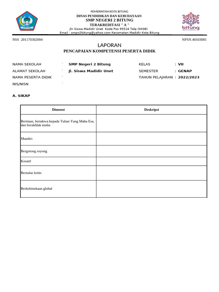Contoh Rapor Kurikulum Merdeka SMP VII | PDF