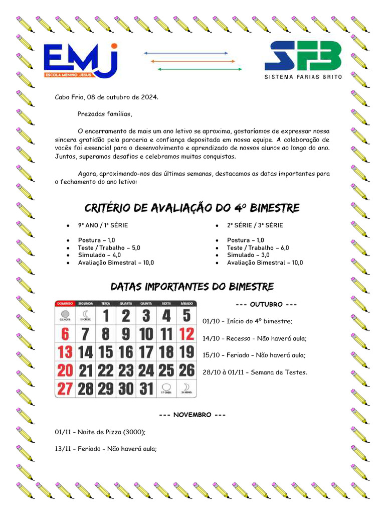 Datas Importantes do 4º Bimestre 2024 | PDF | Carreira e Crescimento