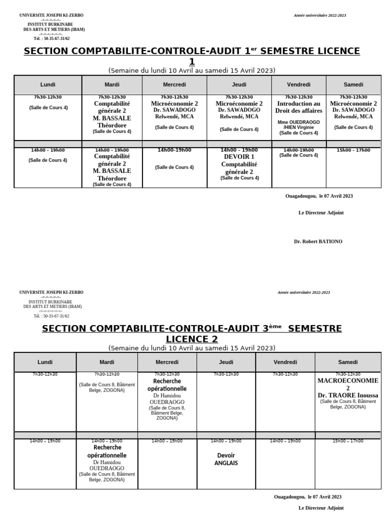 Emploi du temps Licence Comptabilité 2023 | PDF
