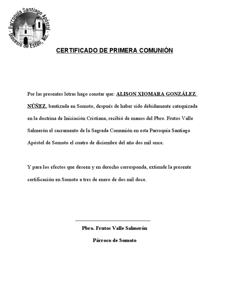 CERTIFICADO DE PRIMERA COMUNIÓN