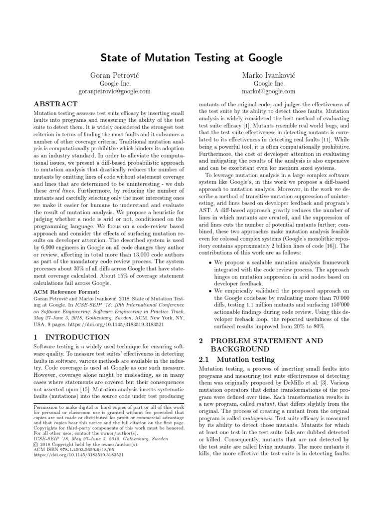 Mutation Testing Innovations at Google | PDF | Computing | Software ...