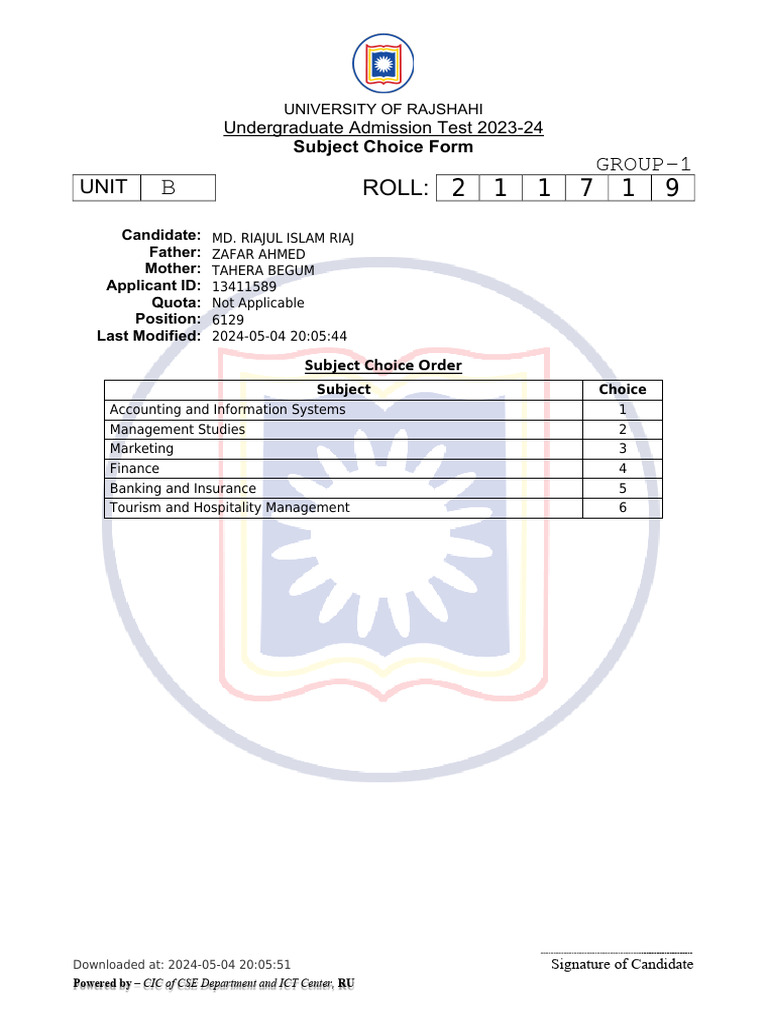 RU 2023-24 Admission Subject Form | PDF
