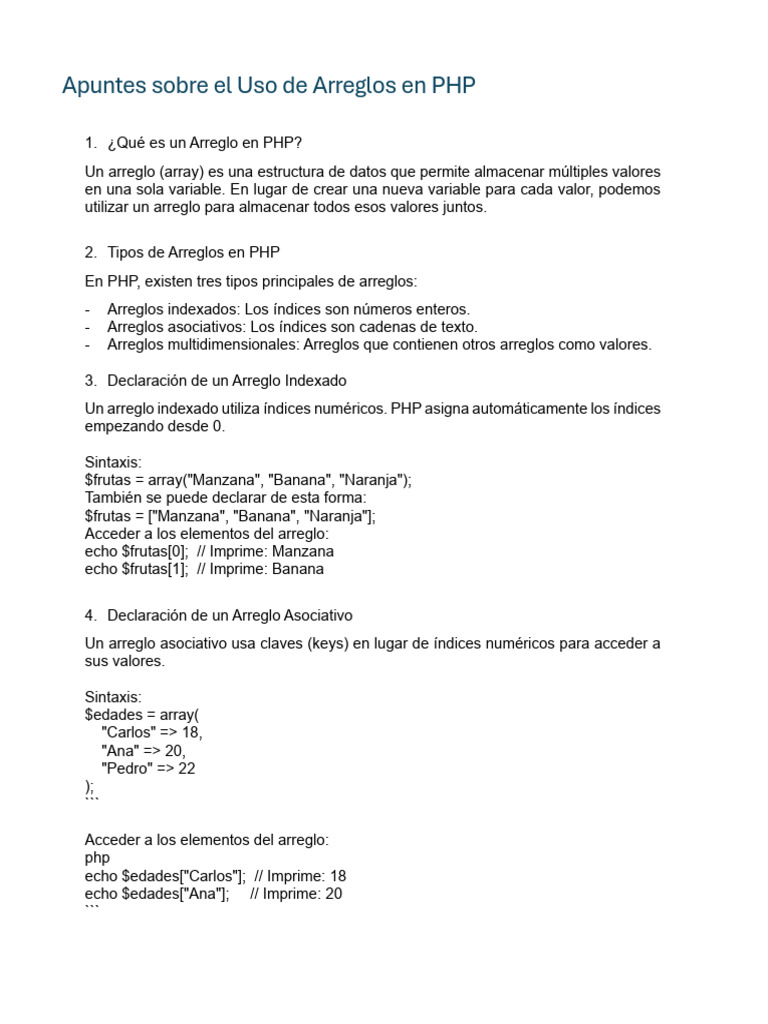 Apuntes sobre el uso de arreglos en php 1 pdf desarrollo de