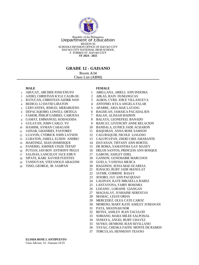 12 gaisano 24 25 class list pdf