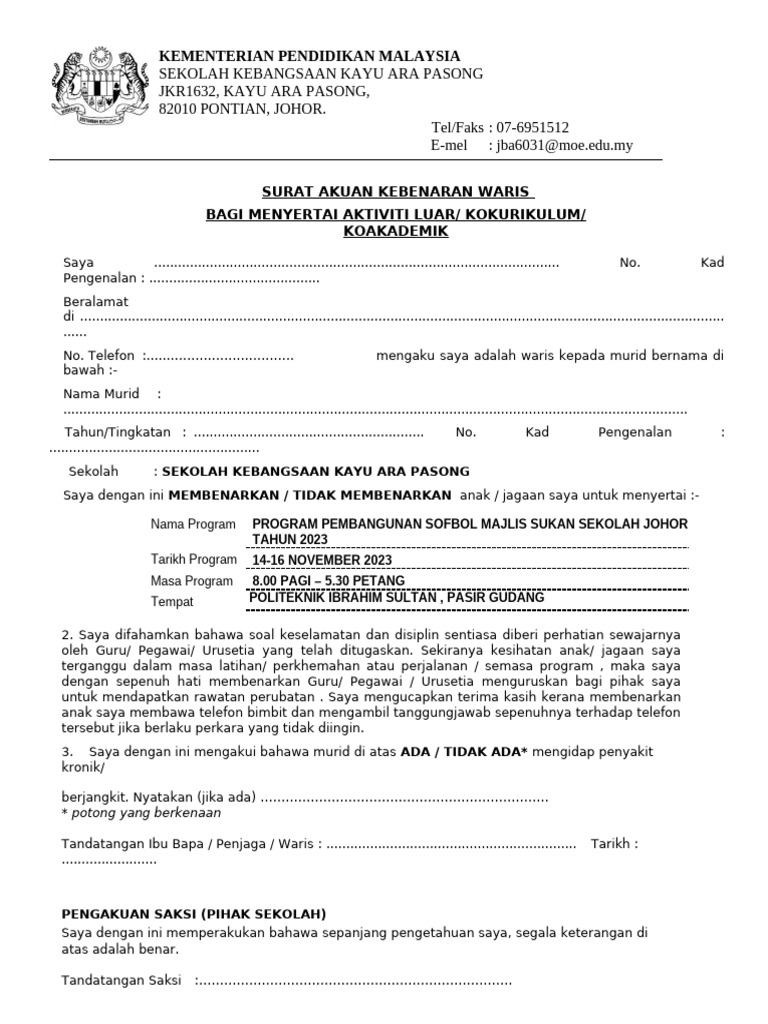 Surat Kebenaran Aktiviti Sekolah 2023 | PDF