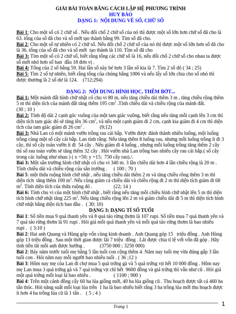 Bai Tap Giai Bai Toan Bang Cach Lap He Phuong Trinh Lop HUY B O | PDF