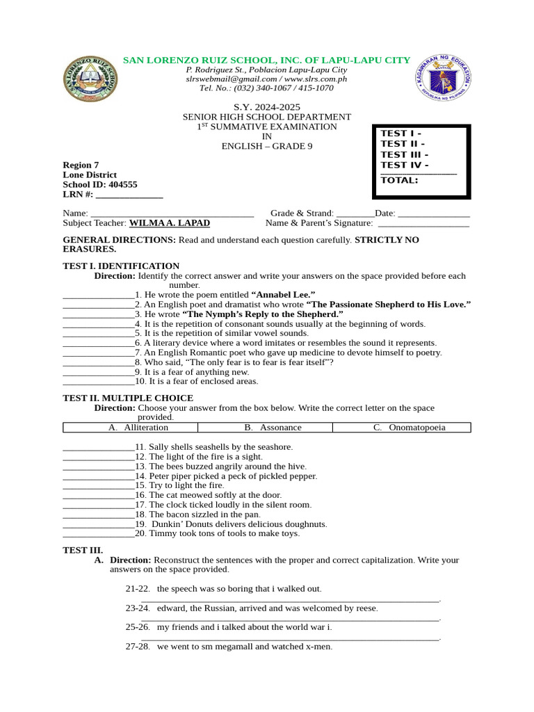 English 9 - 1st Summative | PDF | Poetry | Linguistics