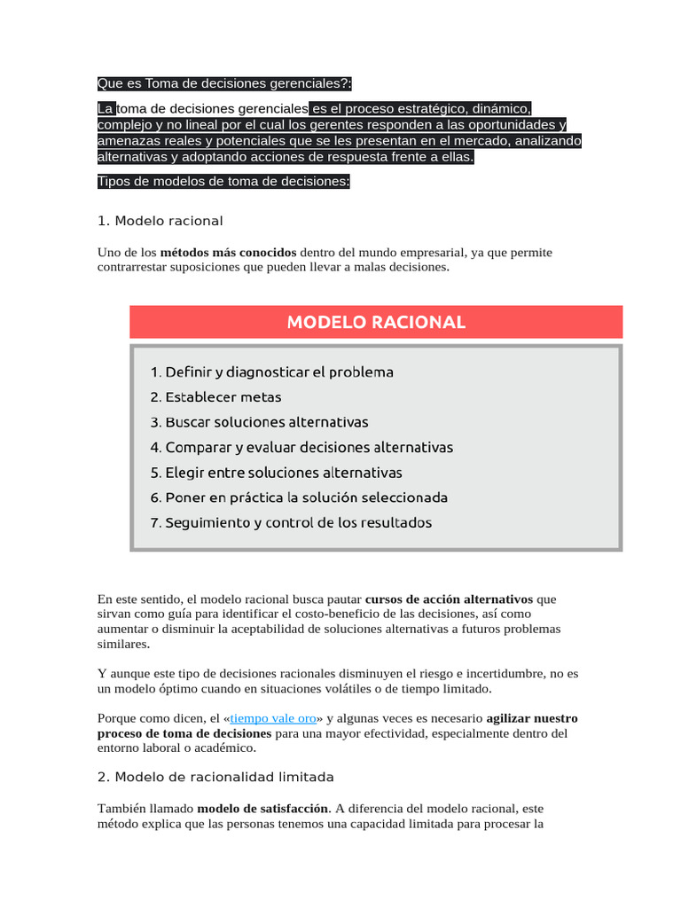 Toma de Decisiones Gerenciales: 1. Modelo Racional | PDF | Toma de ...