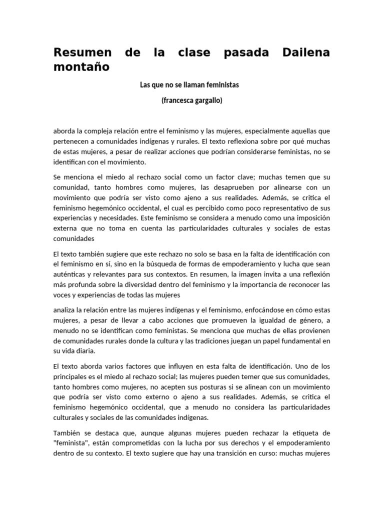 Resumen de La Clase Pasada Dailena Montaño | PDF | Feminismo | Estudios ...
