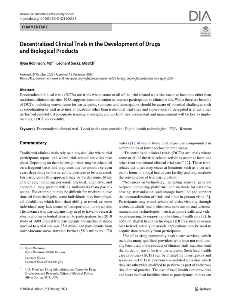 Decentralized Clinical Trials in The Development of Drugs and ...