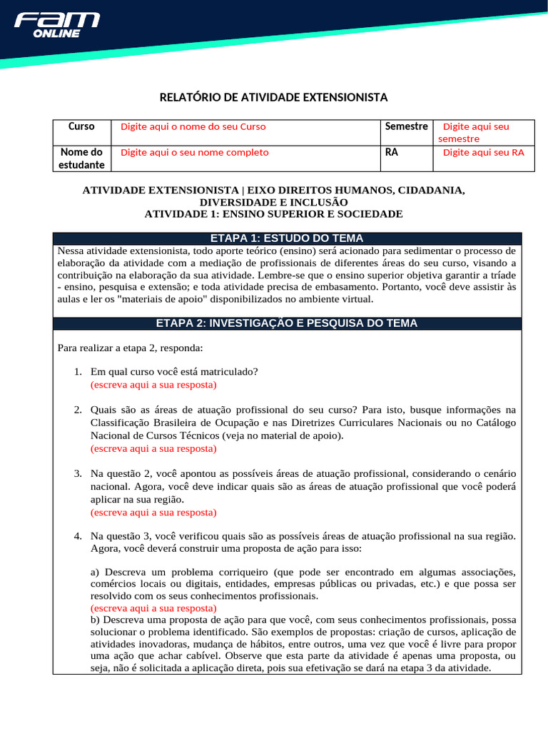 TEMPLATE+ Atividade+Extensionista Ensino+Superior+e+Sociedade | PDF ...