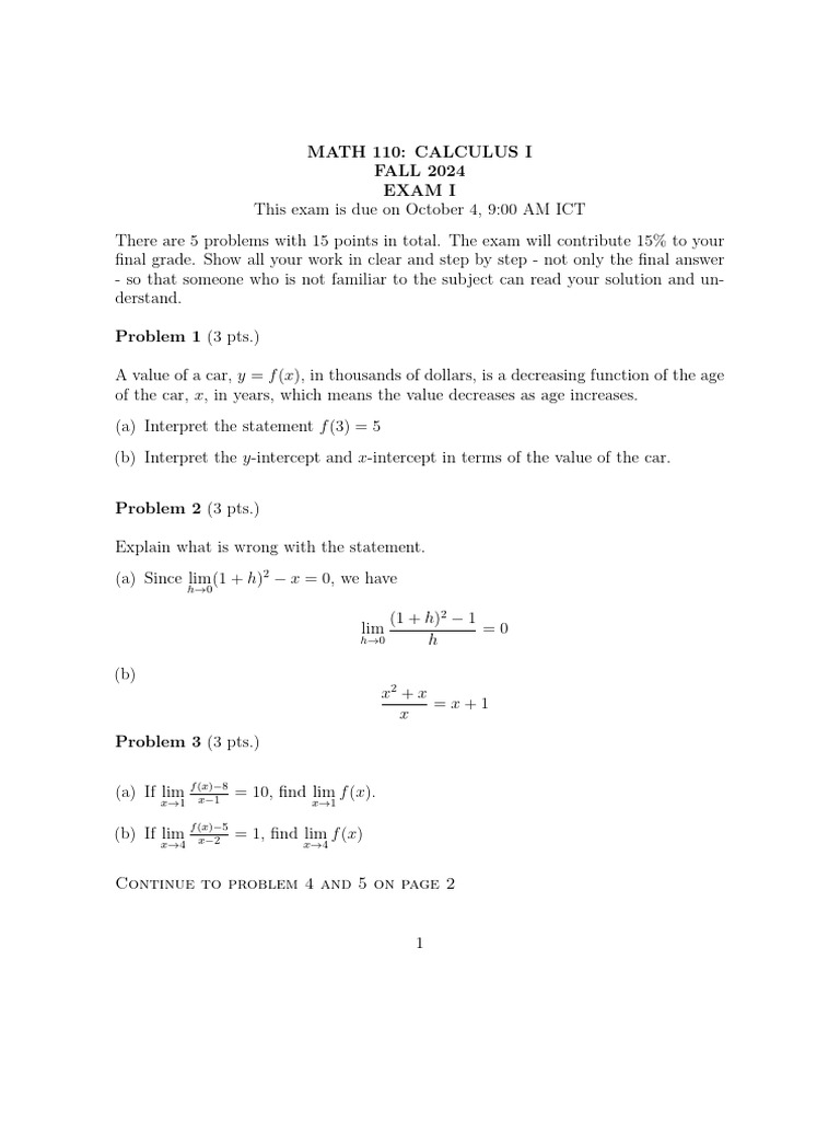 Calculus I Exam I - Fall 2024 | PDF