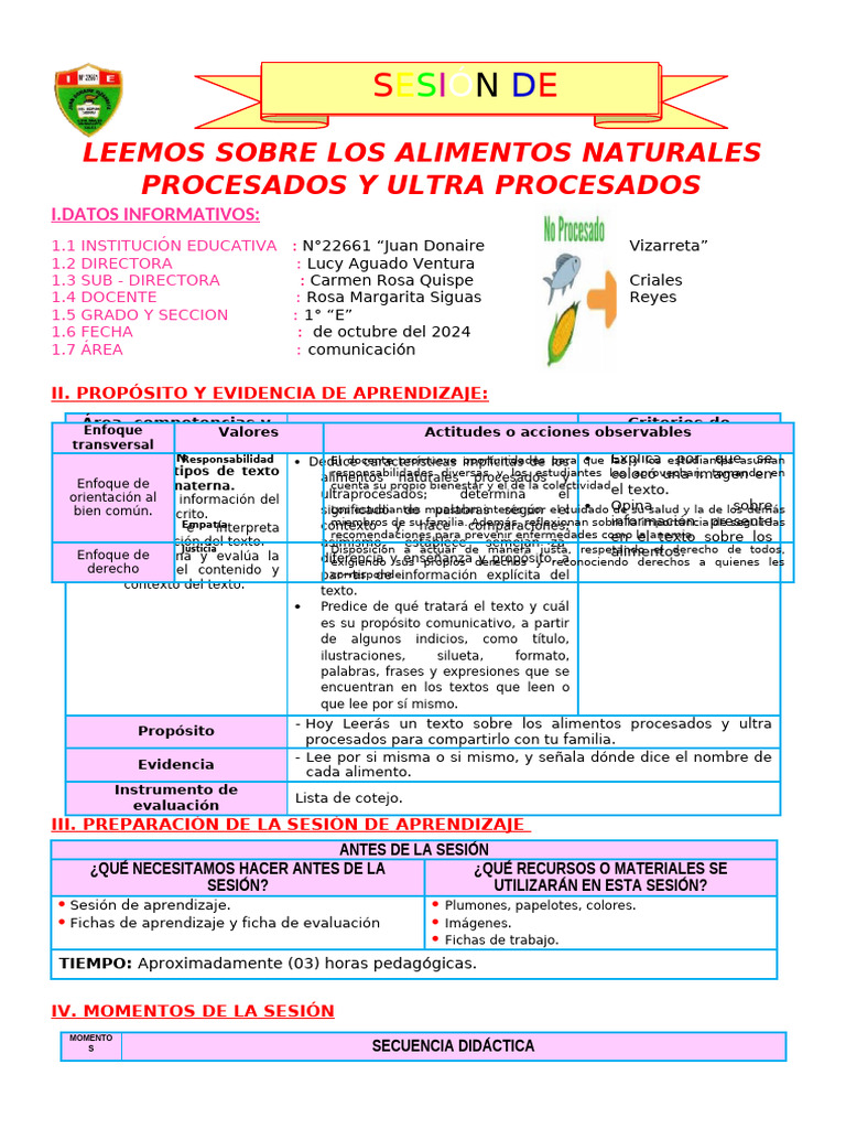 Sesion Leemos Sobre Los Alimentos Naturales Procesados y Ultra ...