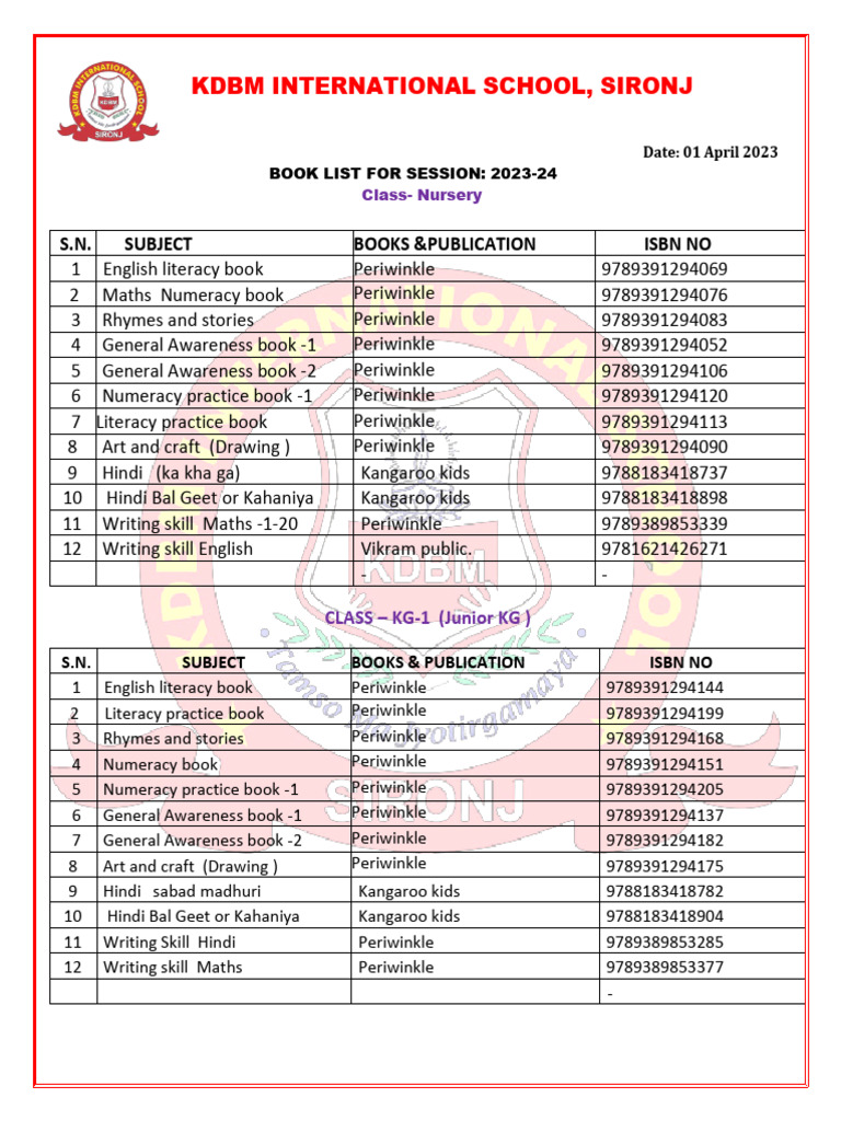 KDBM School Book List 2023-24 | PDF | Science
