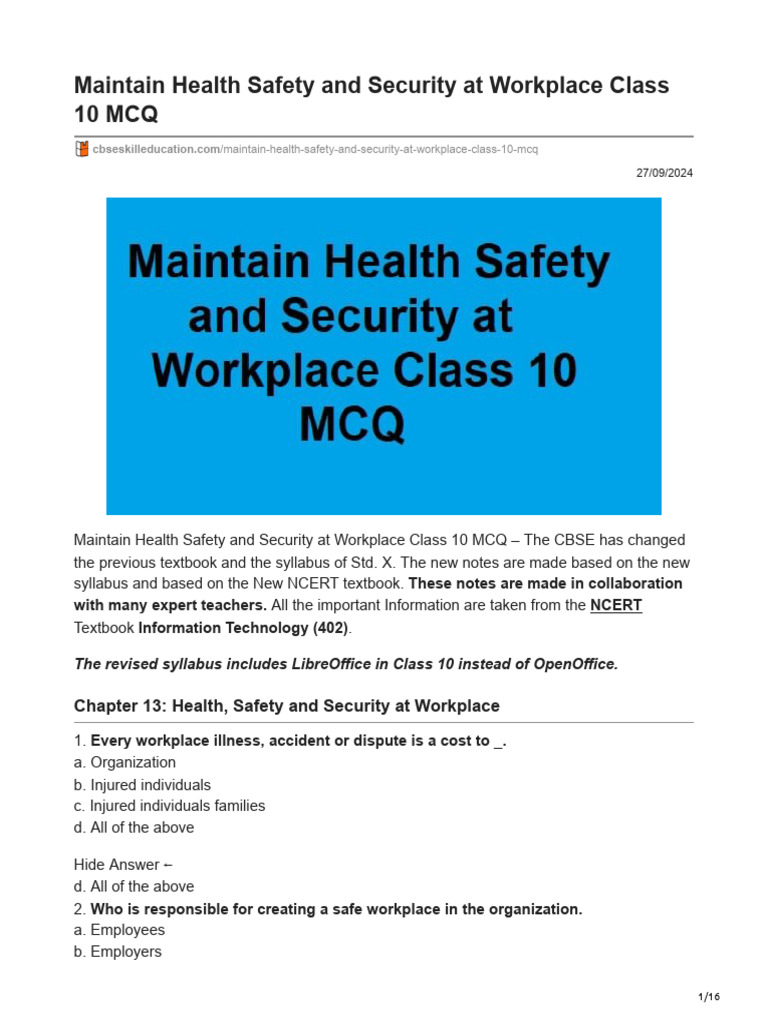 Class 10 Health and Safety MCQs | PDF | Hazards | Safety