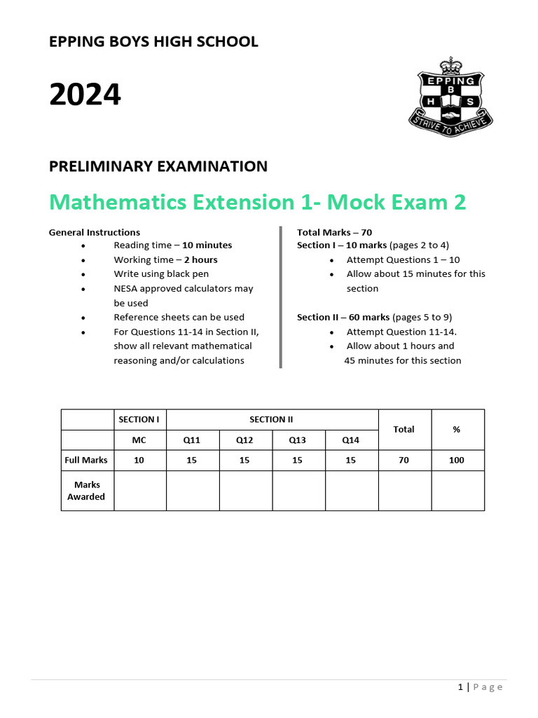 Epping Boys High School Math Mock Exam | PDF | Polynomial | Function ...
