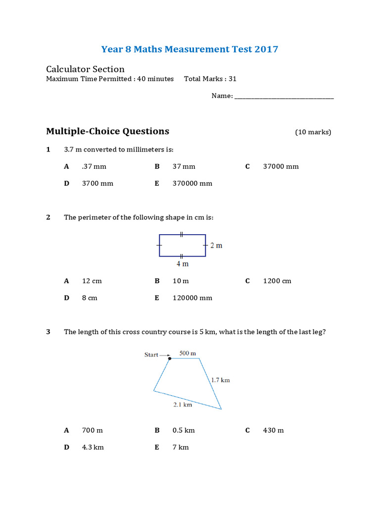 Year 8 Maths Measurement Test 2017 | PDF | Length | Area