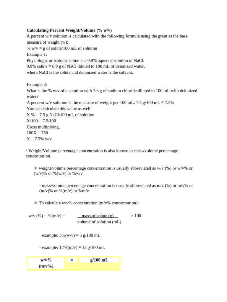 Calculate Weight/Volume Percent Solutions | PDF | Mass Concentration ...