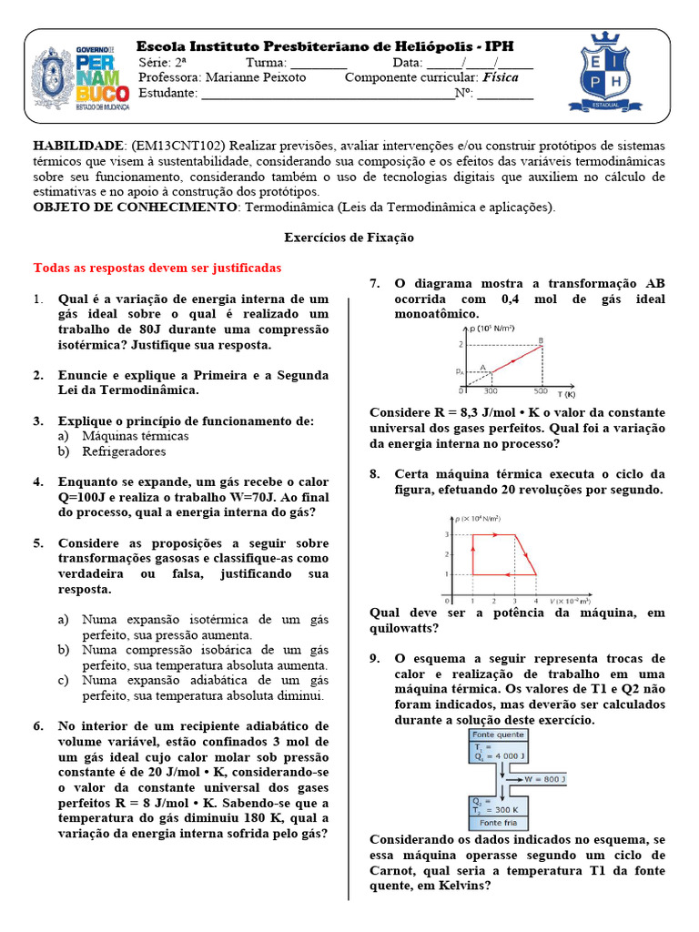 Exercícios sobre a Primeira Lei da Termodinâmica | PDF | Termodinâmica ...