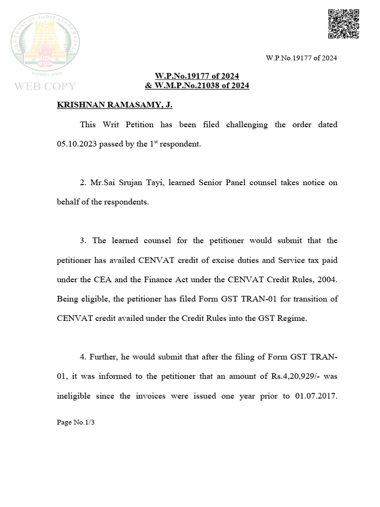 W.P.No.19177 of 2024 & W.M.P.No.21038 of 2024 Krishnan Ramasamy, J ...