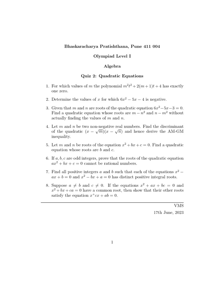 2023-06-17 Quiz 2 Quadratic Equations | PDF