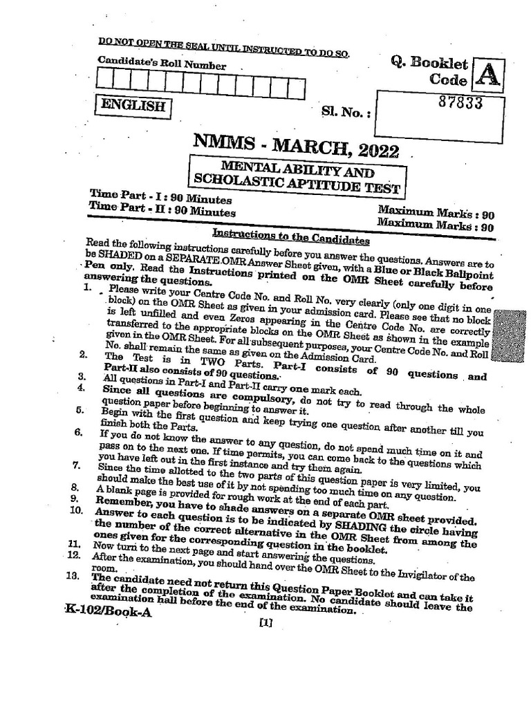 Nmms 2021 march 2022 question paper english medium pdf