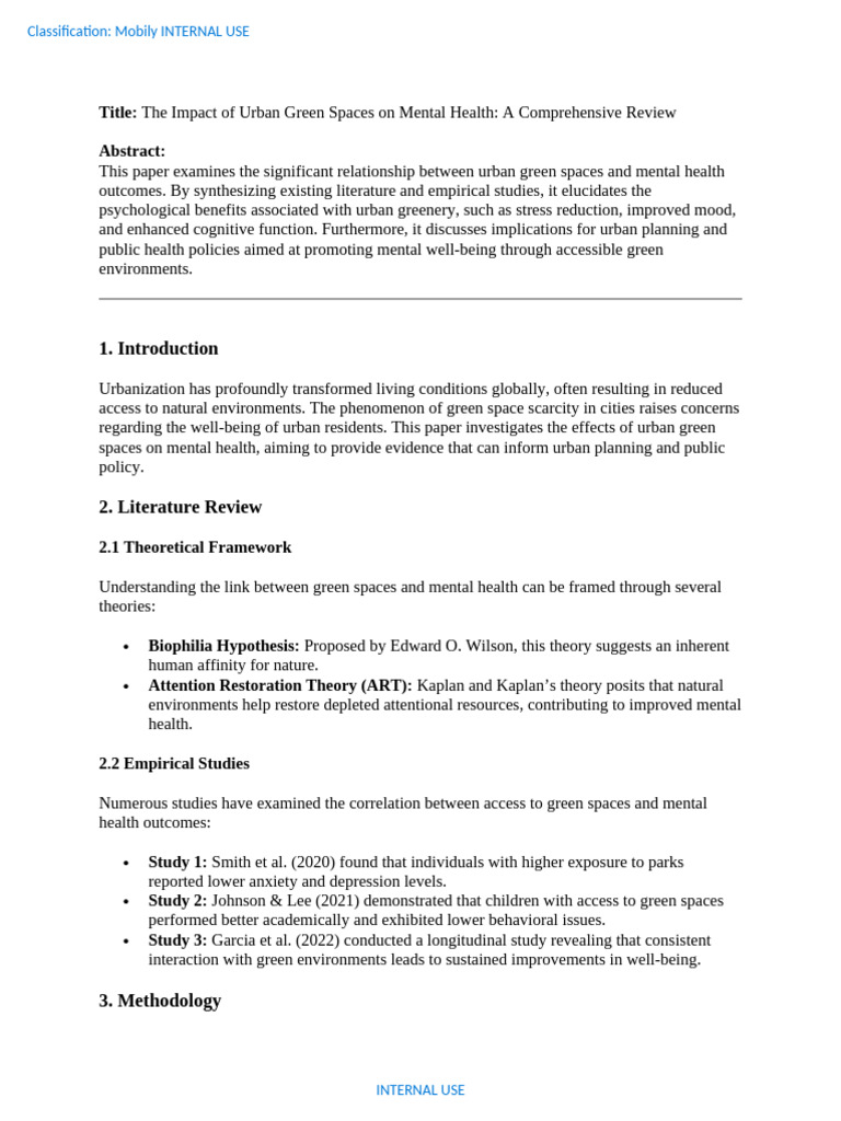 The Impact of Urban Green Spaces on Mental Health PDF Mental Health Cognition