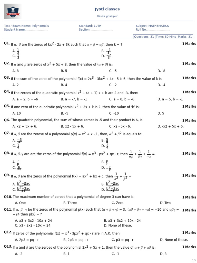 Polynomials 10th Mathematics | PDF | Zero Of A Function | Polynomial