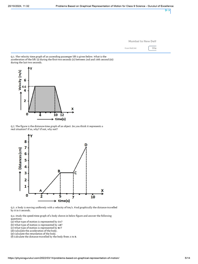 Problems Based On Graphical Representation of Motion For Class 9 ...