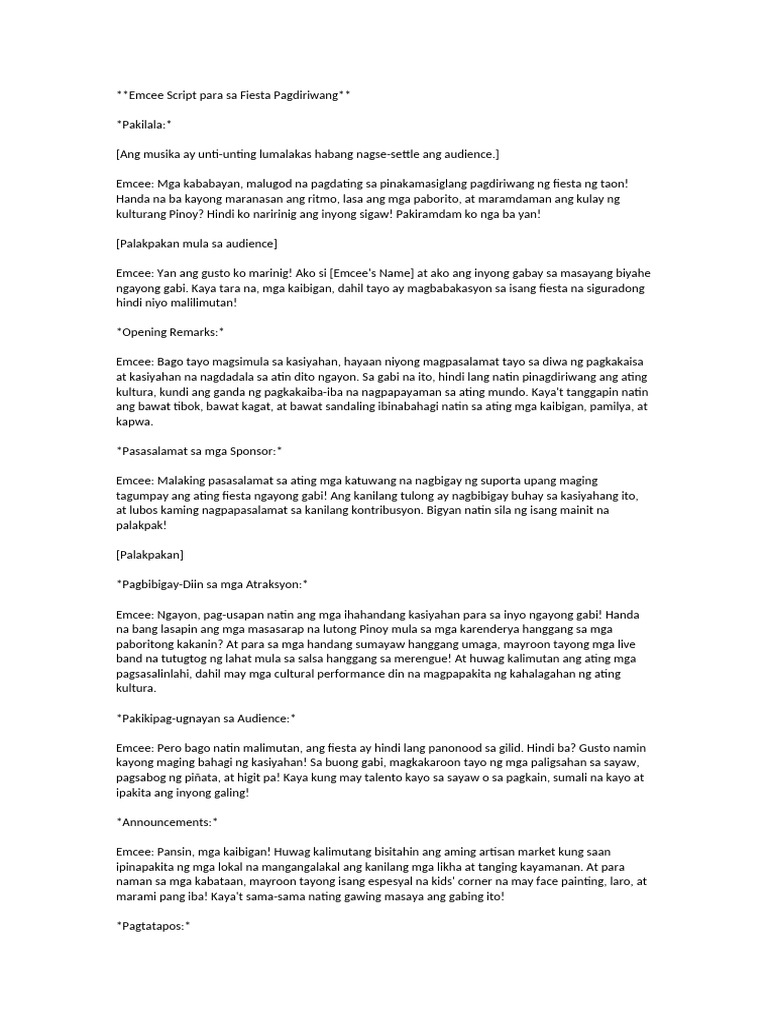 Emcee Script For Fiesta Tagalog | PDF
