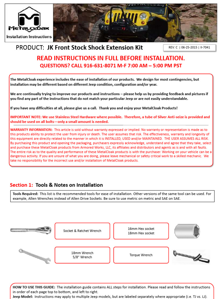 II 7041 JK Front Stock Shock Extension Kit Installation Instructions | PDF
