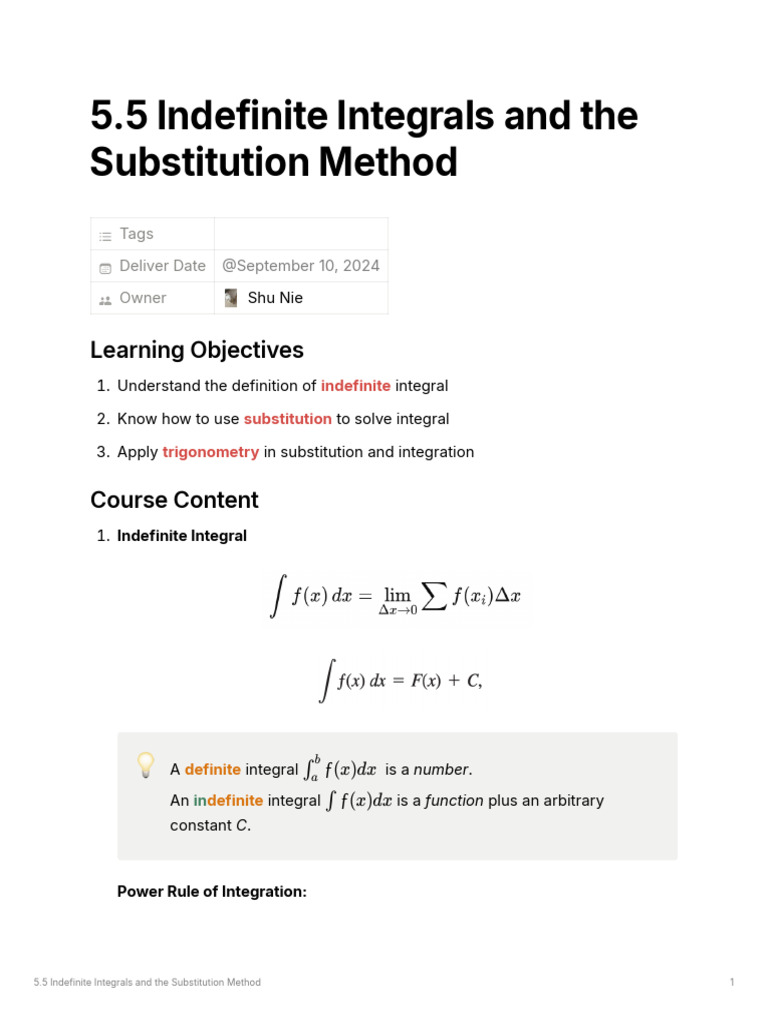 5 5 Indefinite Integrals And The Substitution Method Pdf Integral