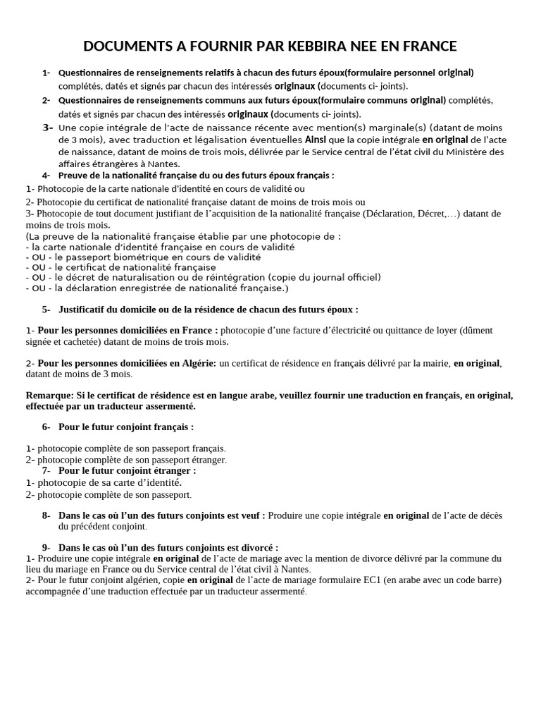 Documents requis pour mariage en France | PDF | Certificat de naissance ...