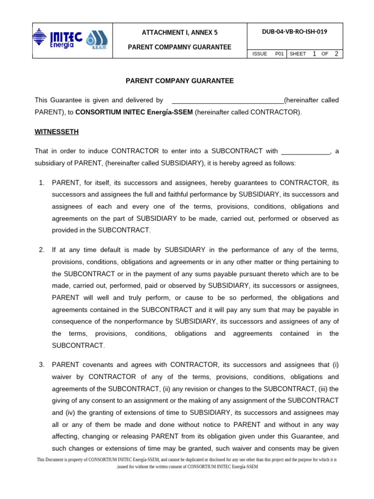 Annex 1.5 Parent Company Guarantee | PDF | Assignment (Law) | Private Law