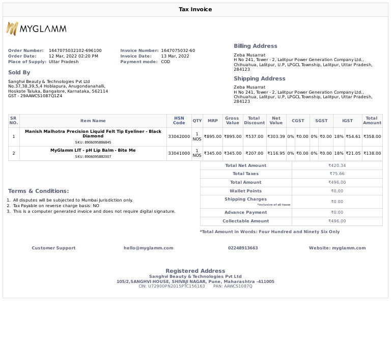 MyGlamm Invoice 1647075032-60 | PDF | Public Finance | Taxation